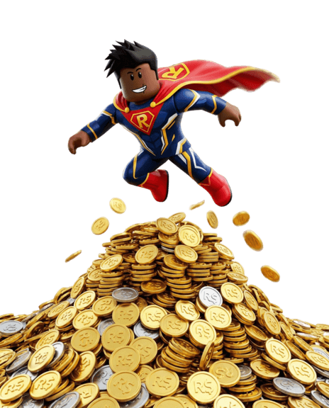 Roblox character with Robux coins